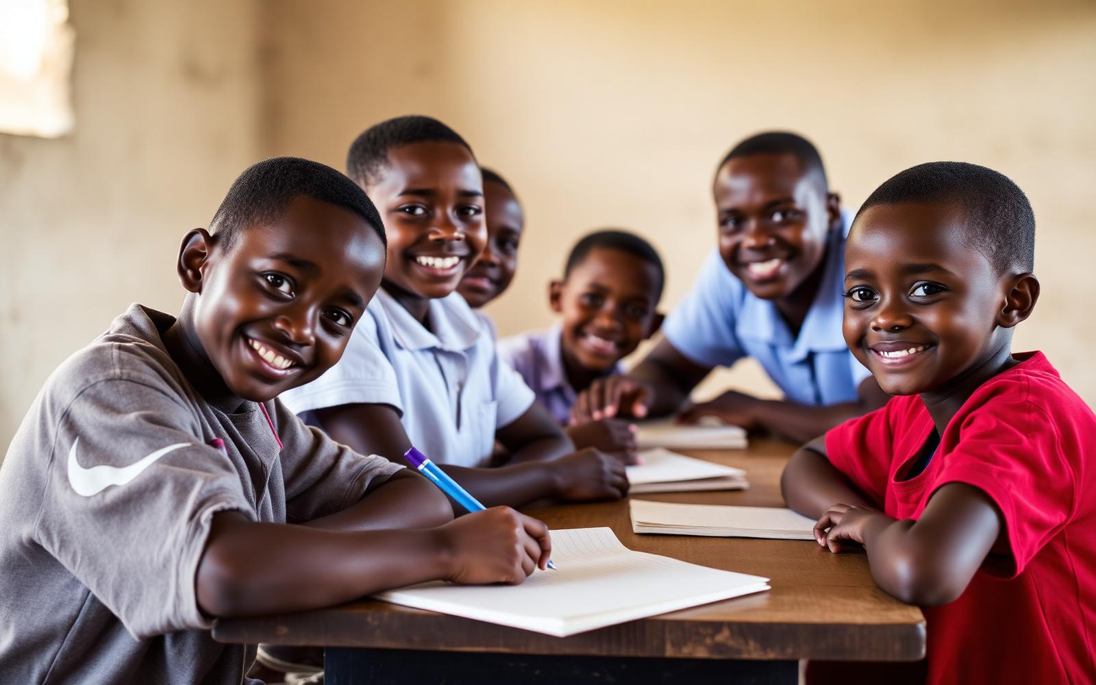 Volunteer tutor helping smiling Ugandan students with their notebooks